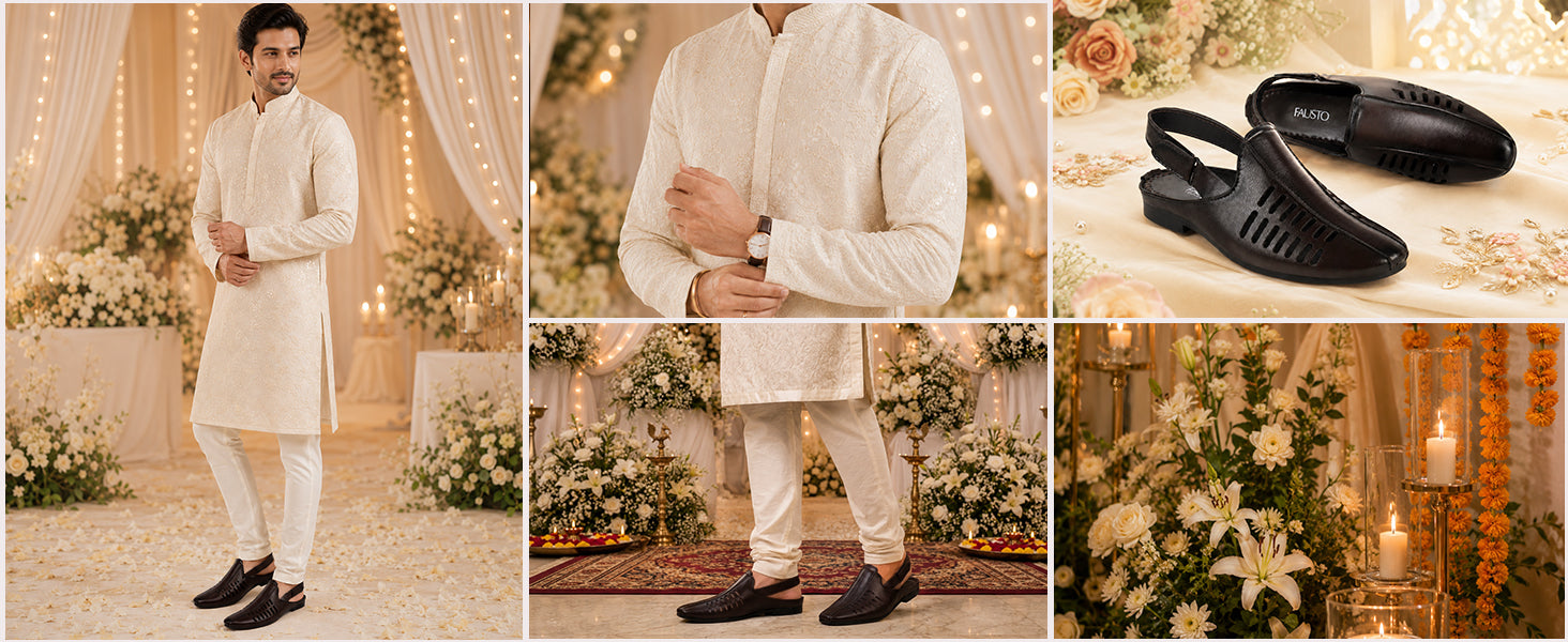 Men Tan Back Open Ethnic Hook and Loop Jutis and Mojaris|Classic Perforated Slip Ons for Wedding, Festive Kurta Set|Cushioned Insole Comfort