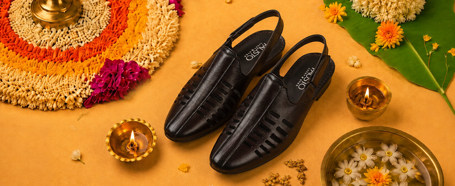 Men Tan Back Open Ethnic Hook and Loop Jutis and Mojaris|Classic Perforated Slip Ons for Wedding, Festive Kurta Set|Cushioned Insole Comfort