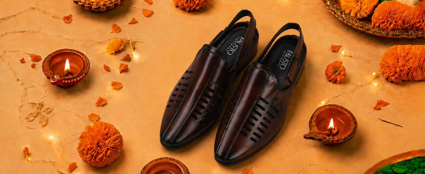 Men Tan Back Open Ethnic Hook and Loop Jutis and Mojaris|Classic Perforated Slip Ons for Wedding, Festive Kurta Set|Cushioned Insole Comfort