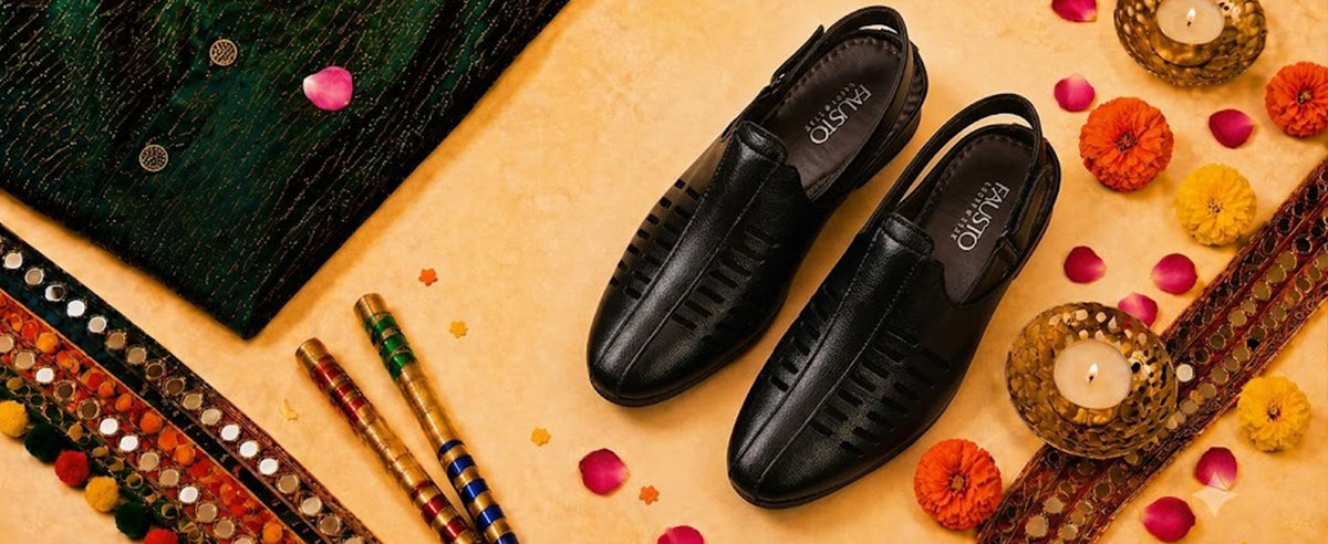 Men Tan Back Open Ethnic Hook and Loop Jutis and Mojaris|Classic Perforated Slip Ons for Wedding, Festive Kurta Set|Cushioned Insole Comfort