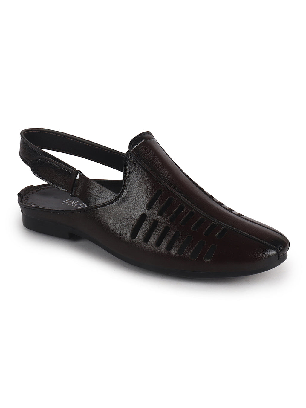 Men Brown Back Open Ethnic Hook and Loop Jutis and Mojaris|Classic Perforated Slip Ons for Wedding, Festive Kurta Set|Cushioned Insole Comfort