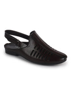 Men Brown Back Open Ethnic Hook and Loop Jutis and Mojaris|Classic Perforated Slip Ons for Wedding, Festive Kurta Set|Cushioned Insole Comfort