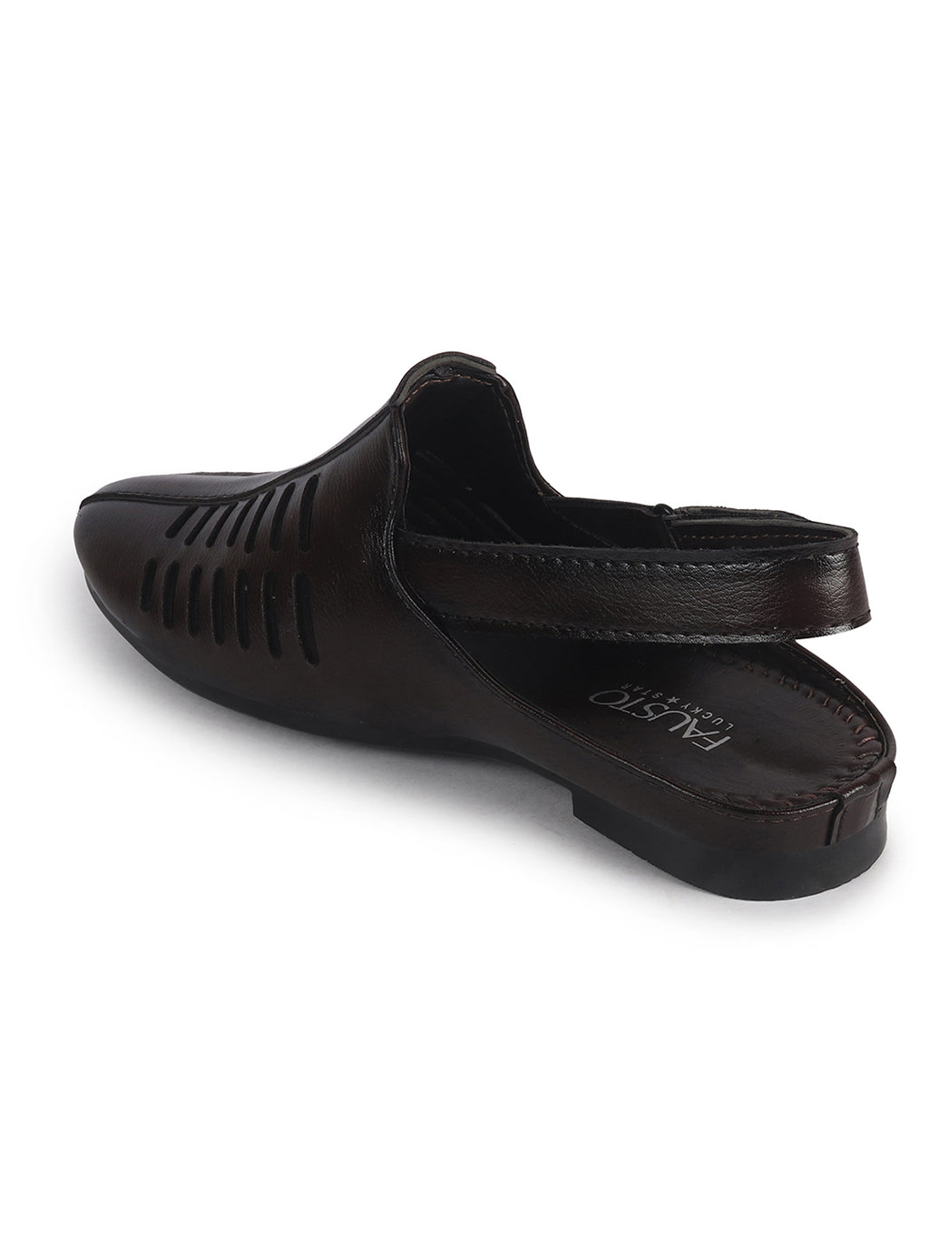 Men Brown Back Open Ethnic Hook and Loop Jutis and Mojaris|Classic Perforated Slip Ons for Wedding, Festive Kurta Set|Cushioned Insole Comfort