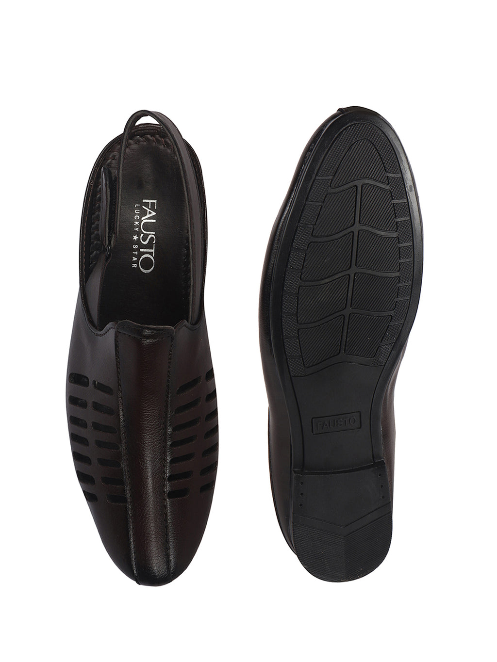 Men Brown Back Open Ethnic Hook and Loop Jutis and Mojaris|Classic Perforated Slip Ons for Wedding, Festive Kurta Set|Cushioned Insole Comfort