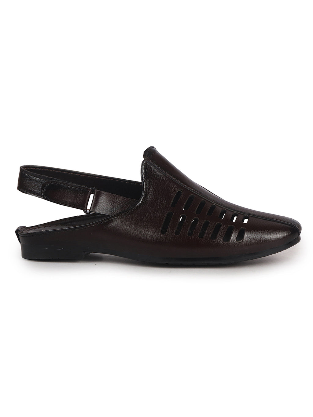 Men Brown Back Open Ethnic Hook and Loop Jutis and Mojaris|Classic Perforated Slip Ons for Wedding, Festive Kurta Set|Cushioned Insole Comfort