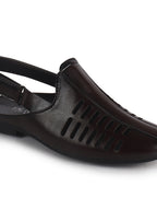 Men Brown Back Open Ethnic Hook and Loop Jutis and Mojaris|Classic Perforated Slip Ons for Wedding, Festive Kurta Set|Cushioned Insole Comfort