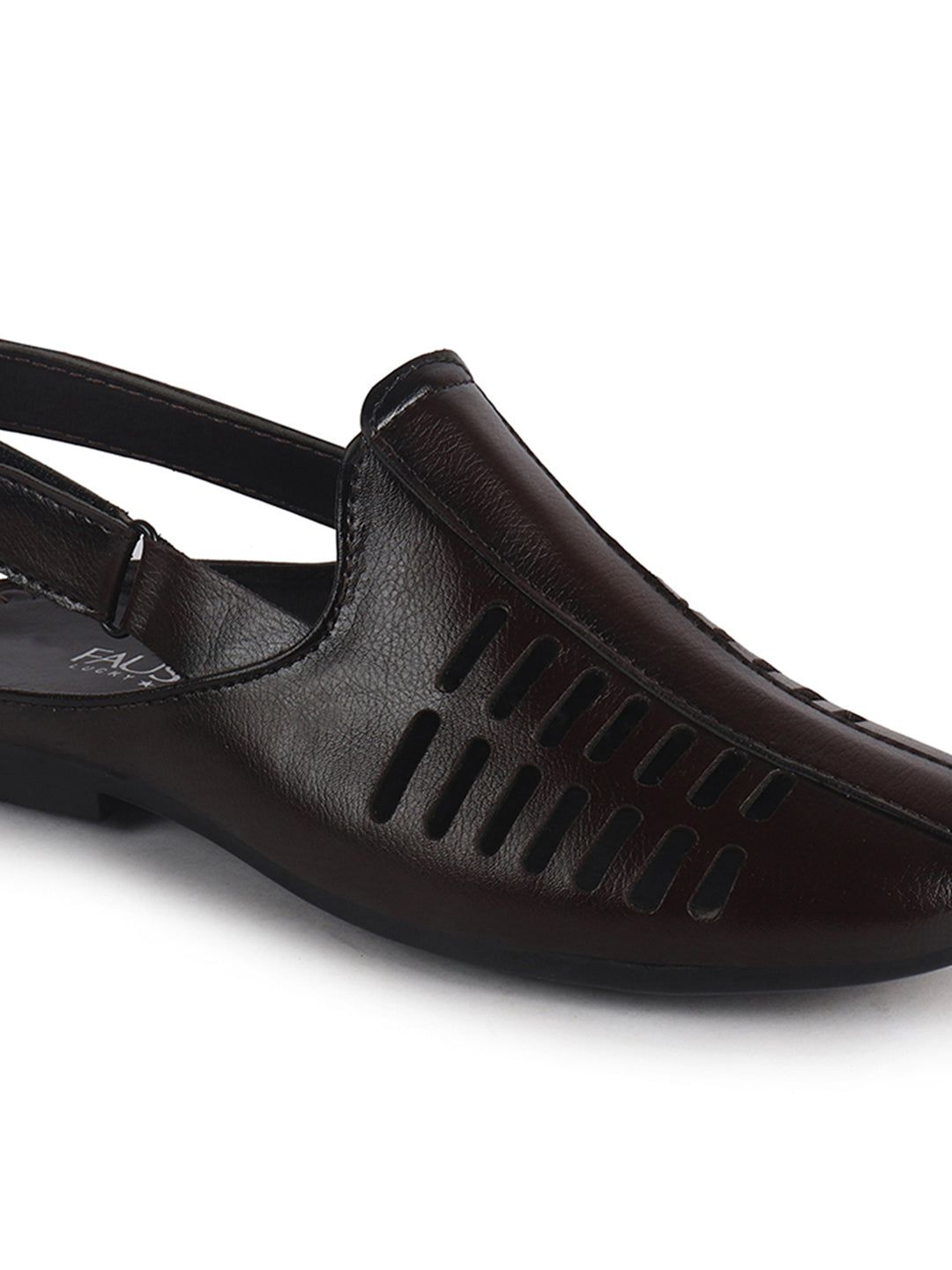 Men Brown Back Open Ethnic Hook and Loop Jutis and Mojaris|Classic Perforated Slip Ons for Wedding, Festive Kurta Set|Cushioned Insole Comfort