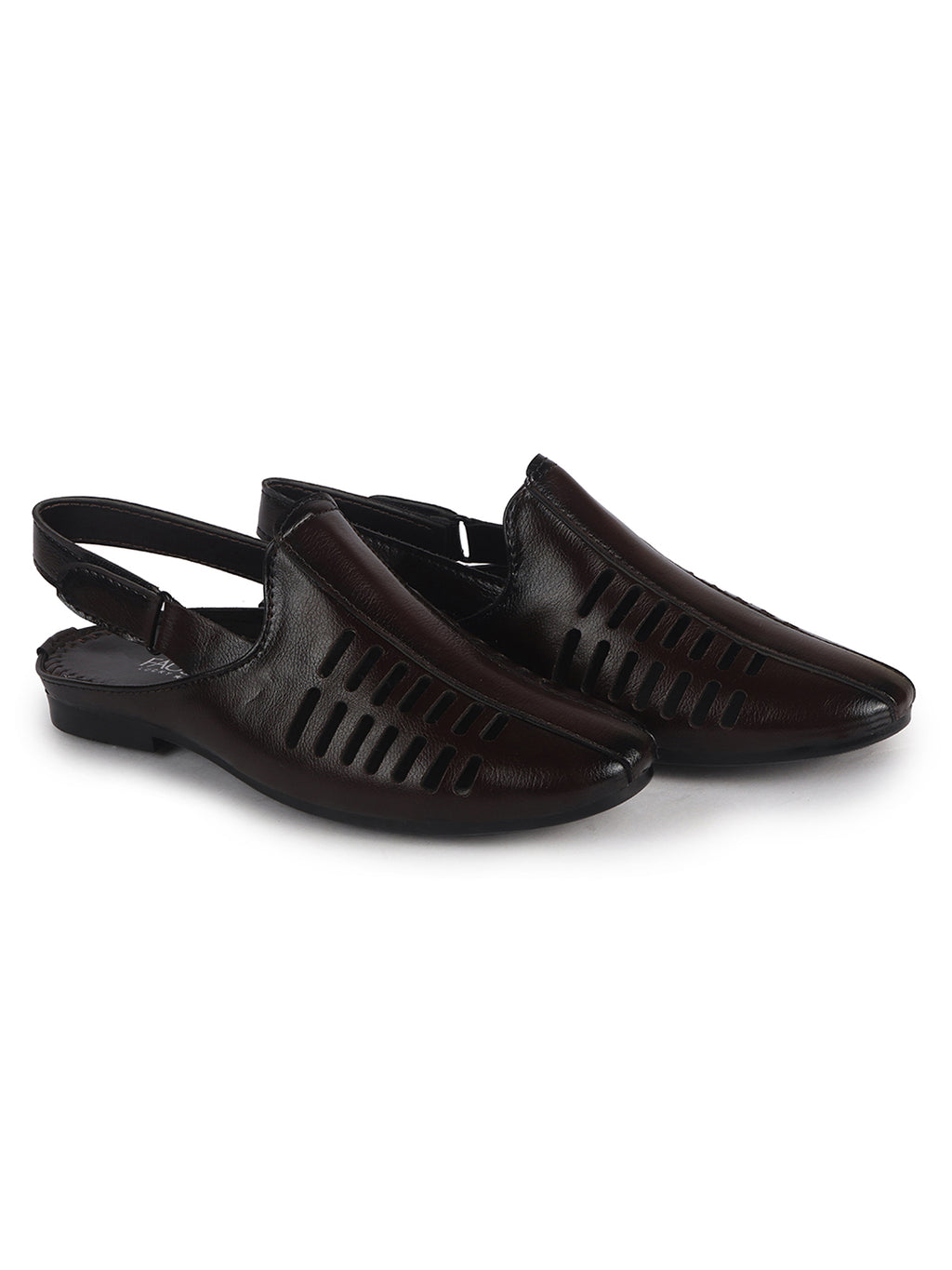 Men Brown Back Open Ethnic Hook and Loop Jutis and Mojaris|Classic Perforated Slip Ons for Wedding, Festive Kurta Set|Cushioned Insole Comfort