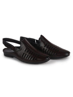 Men Brown Back Open Ethnic Hook and Loop Jutis and Mojaris|Classic Perforated Slip Ons for Wedding, Festive Kurta Set|Cushioned Insole Comfort