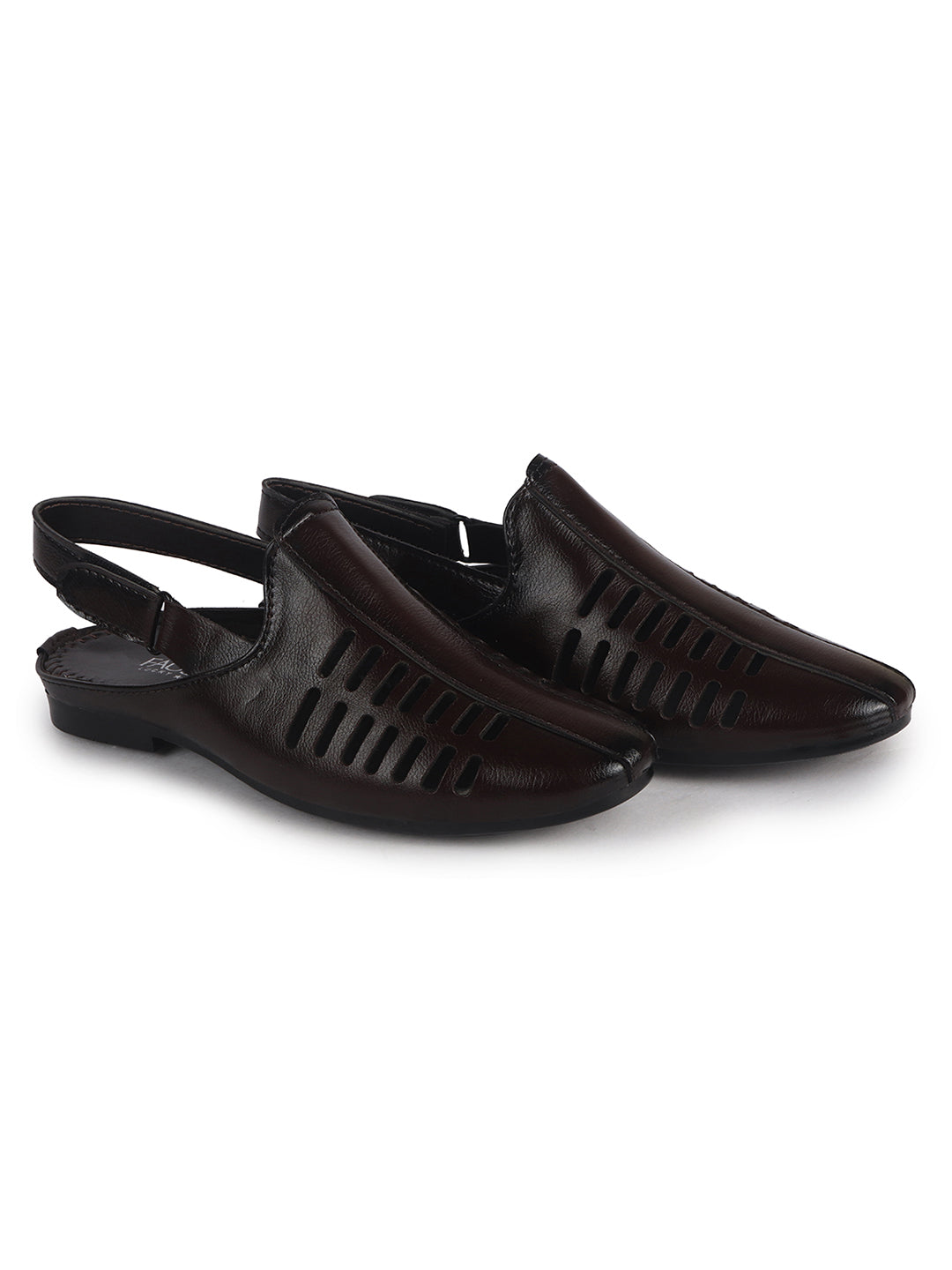Men Brown Back Open Ethnic Hook and Loop Jutis and Mojaris|Classic Perforated Slip Ons for Wedding, Festive Kurta Set|Cushioned Insole Comfort