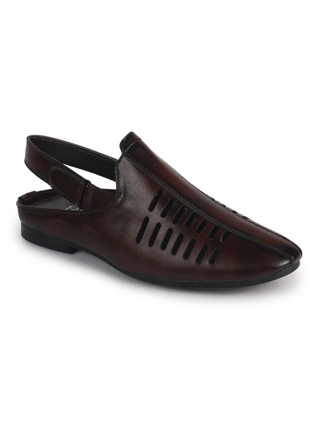 Men Tan Back Open Ethnic Hook and Loop Jutis and Mojaris|Classic Perforated Slip Ons for Wedding, Festive Kurta Set|Cushioned Insole Comfort
