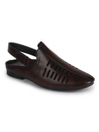 Men Tan Back Open Ethnic Hook and Loop Jutis and Mojaris|Classic Perforated Slip Ons for Wedding, Festive Kurta Set|Cushioned Insole Comfort