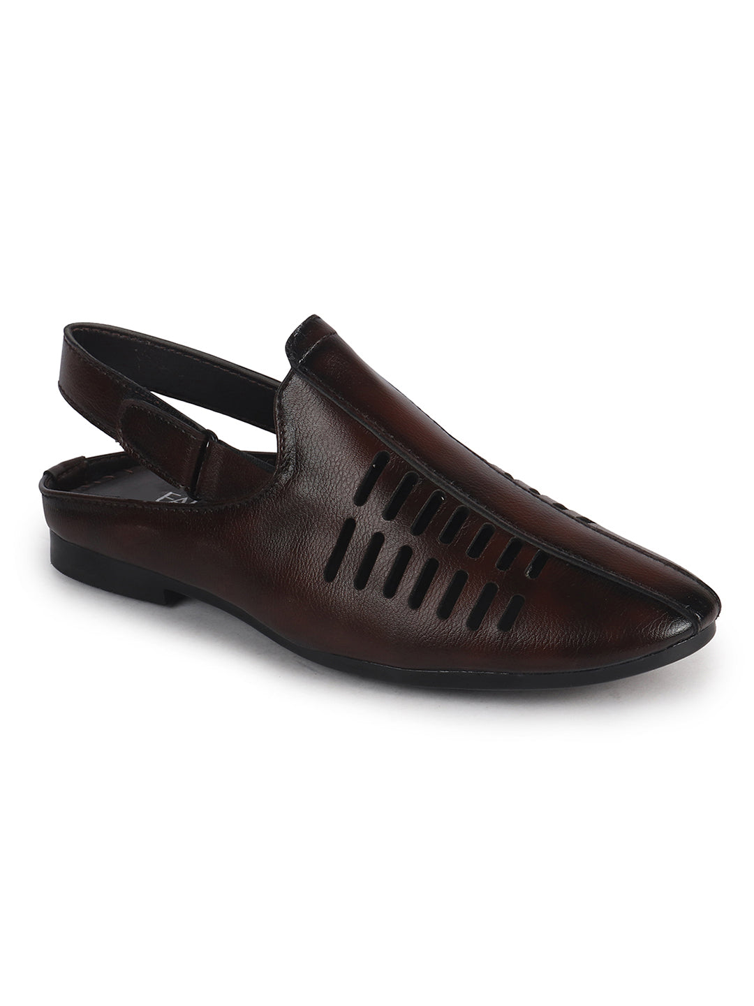 Men Tan Back Open Ethnic Hook and Loop Jutis and Mojaris|Classic Perforated Slip Ons for Wedding, Festive Kurta Set|Cushioned Insole Comfort