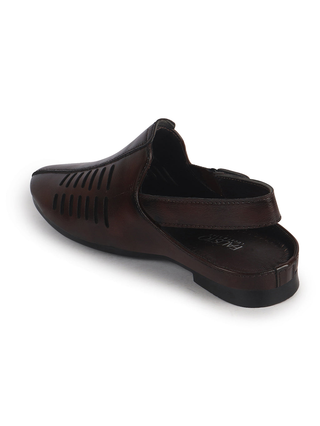 Men Tan Back Open Ethnic Hook and Loop Jutis and Mojaris|Classic Perforated Slip Ons for Wedding, Festive Kurta Set|Cushioned Insole Comfort