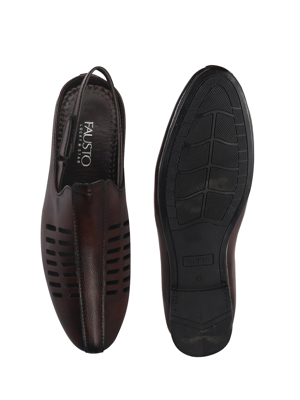 Men Tan Back Open Ethnic Hook and Loop Jutis and Mojaris|Classic Perforated Slip Ons for Wedding, Festive Kurta Set|Cushioned Insole Comfort
