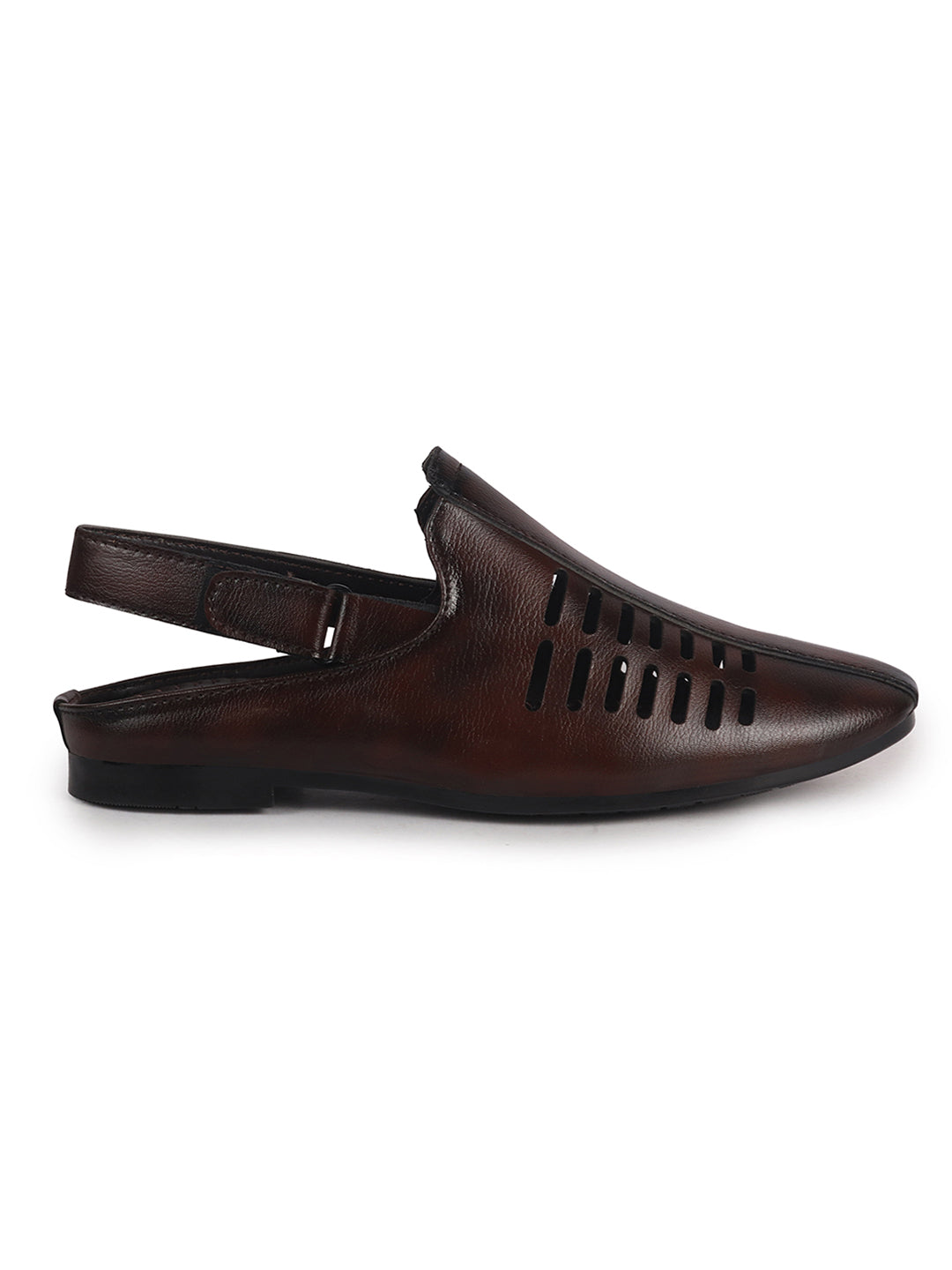 Men Tan Back Open Ethnic Hook and Loop Jutis and Mojaris|Classic Perforated Slip Ons for Wedding, Festive Kurta Set|Cushioned Insole Comfort