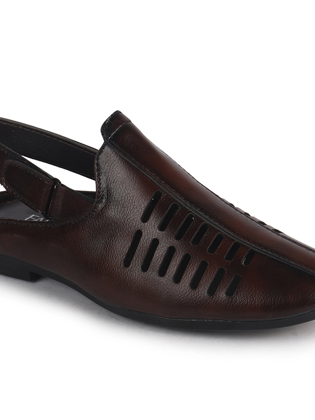 Men Tan Back Open Ethnic Hook and Loop Jutis and Mojaris|Classic Perforated Slip Ons for Wedding, Festive Kurta Set|Cushioned Insole Comfort