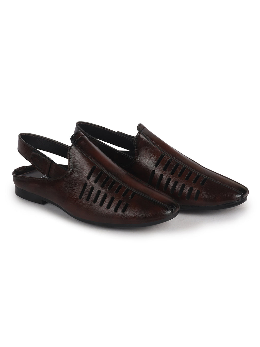 Men Tan Back Open Ethnic Hook and Loop Jutis and Mojaris|Classic Perforated Slip Ons for Wedding, Festive Kurta Set|Cushioned Insole Comfort