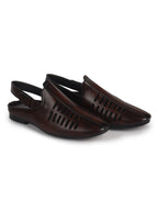 Men Tan Back Open Ethnic Hook and Loop Jutis and Mojaris|Classic Perforated Slip Ons for Wedding, Festive Kurta Set|Cushioned Insole Comfort
