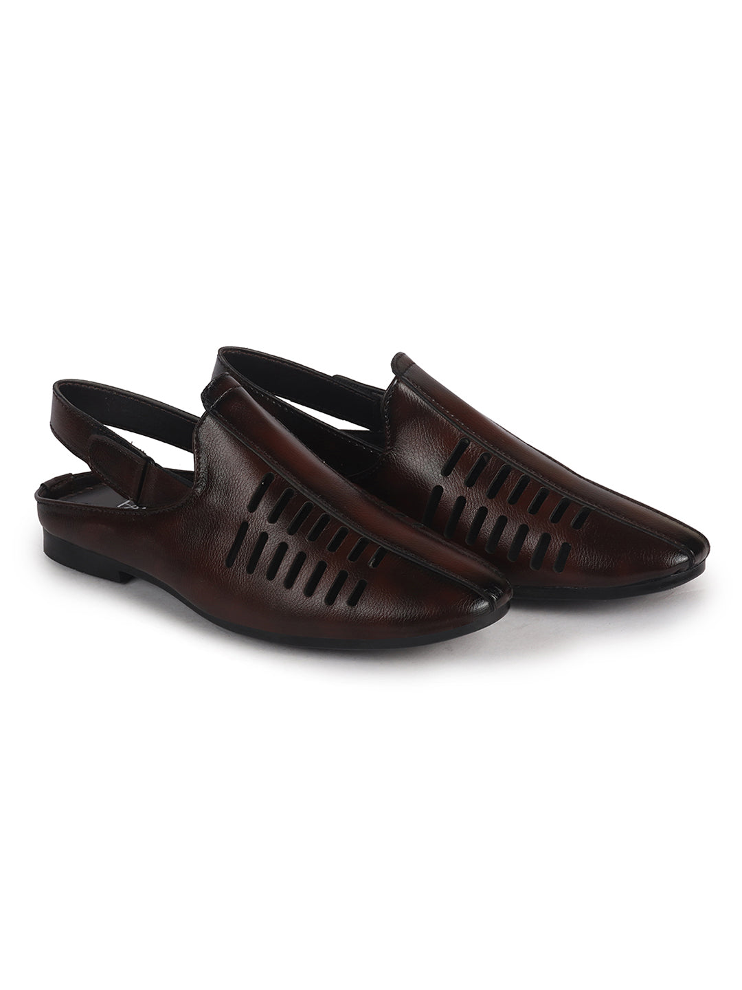 Men Tan Back Open Ethnic Hook and Loop Jutis and Mojaris|Classic Perforated Slip Ons for Wedding, Festive Kurta Set|Cushioned Insole Comfort
