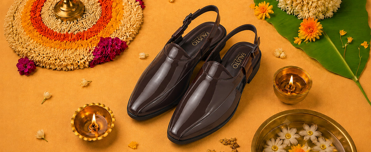 Men Brown Patent Leather Pointed Toe Back Open Sandals for Pathani Outfits|Durable TPR Anti-Skid Sole|Cushioned Insole Peshawari Sandals For Wedding, Festive Kurta