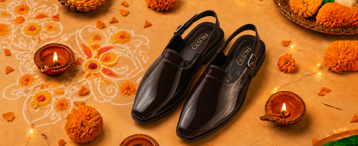 Men Brown Patent Leather Pointed Toe Back Open Sandals for Pathani Outfits|Durable TPR Anti-Skid Sole|Cushioned Insole Peshawari Sandals For Wedding, Festive Kurta