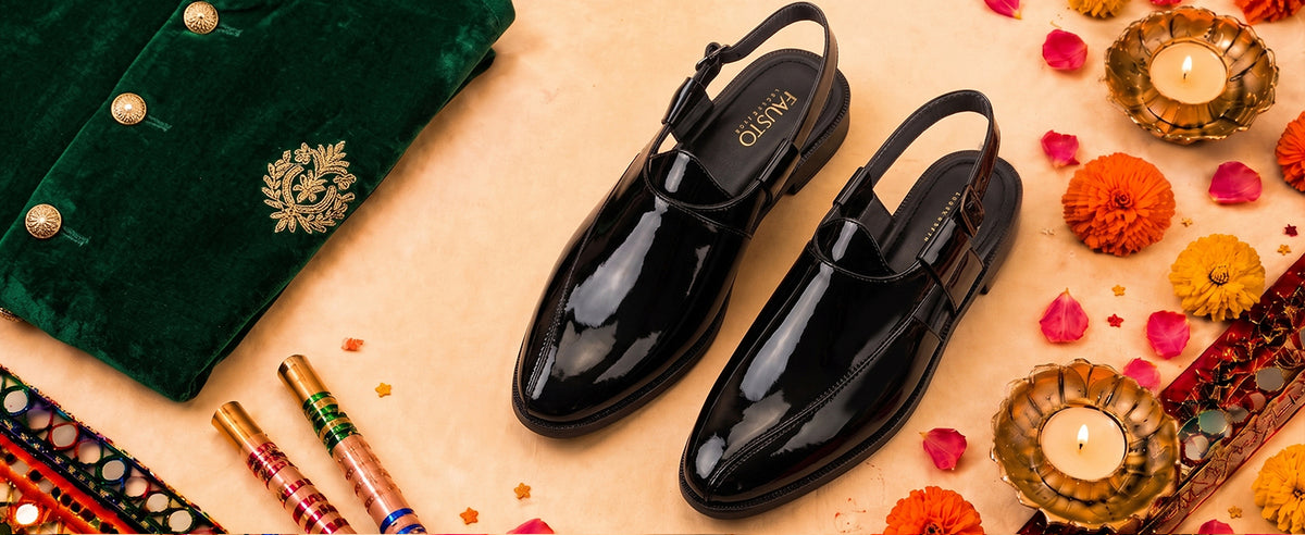 Men Brown Patent Leather Pointed Toe Back Open Sandals for Pathani Outfits|Durable TPR Anti-Skid Sole|Cushioned Insole Peshawari Sandals For Wedding, Festive Kurta