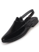 Men Black Patent Leather Pointed Toe Back Open Sandals for Pathani Outfits|Durable TPR Anti-Skid Sole|Cushioned Insole Peshawari Sandals For Wedding, Festive Kurta