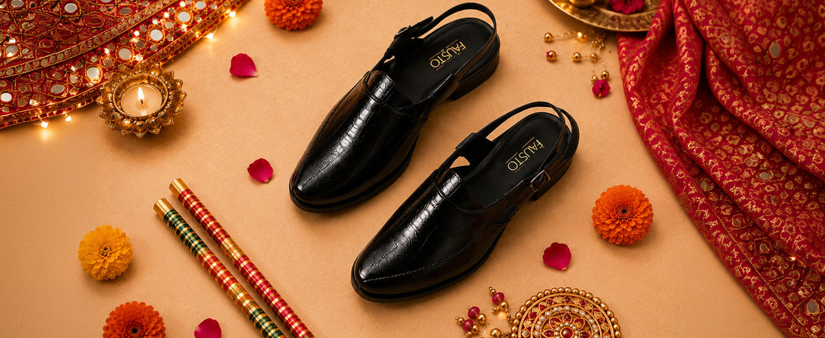 Men Black Pattern Back Open Ethnic Peshawari Sandals with Buckle Strap|Pointed Closed Toe Slingback Mules Perfect for Wedding Kurta, Festive, Traditional Outfits