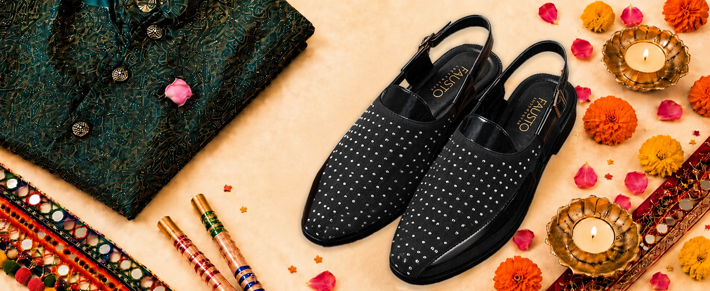 Men Brown Dual-Texture Cushioned Footbed Peshawari Shoe-Style Sandals|Glossy Patent Leather & Studded Suede Ethnic Mules for Wedding, Party & Festive Outfits