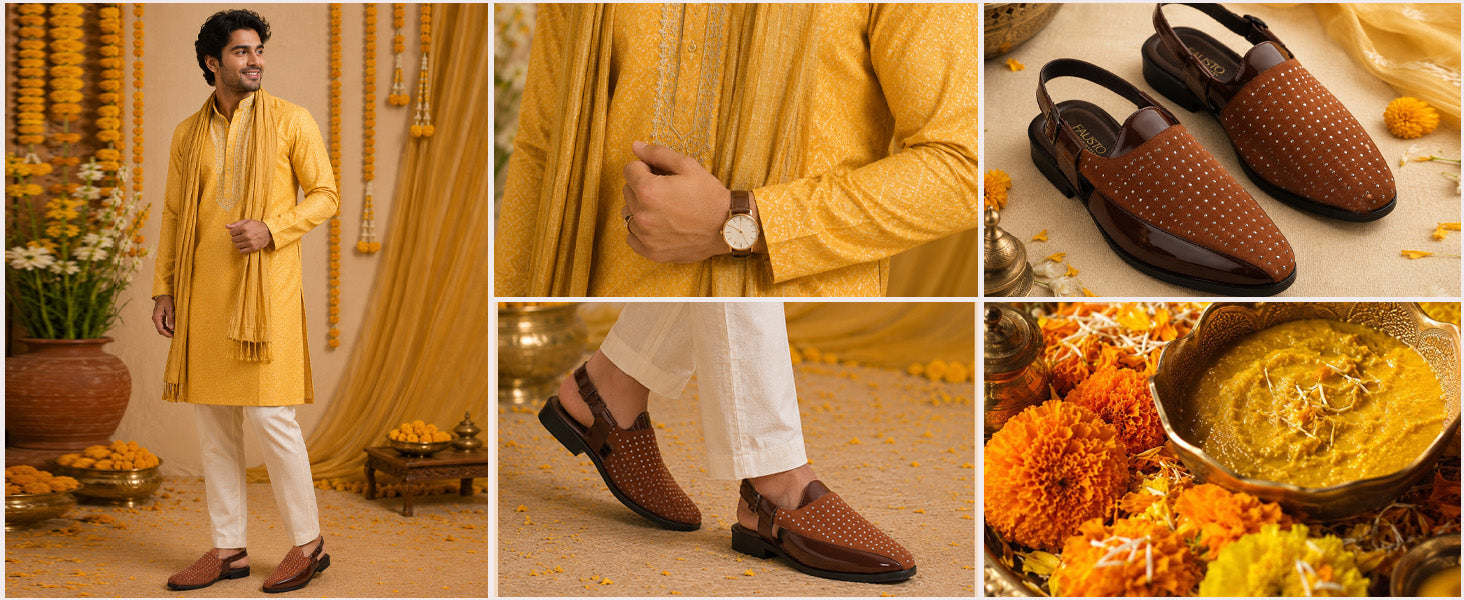 Men Brown Dual-Texture Cushioned Footbed Peshawari Shoe-Style Sandals|Glossy Patent Leather & Studded Suede Ethnic Mules for Wedding, Party & Festive Outfits
