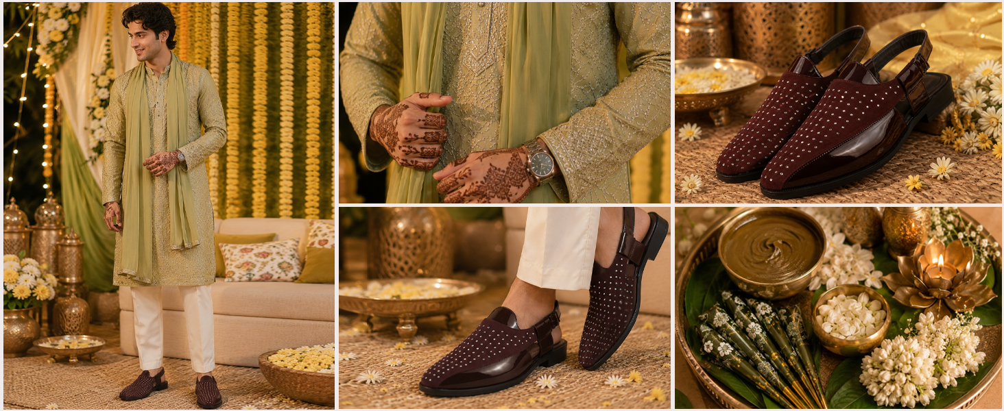 Men Brown Dual-Texture Cushioned Footbed Peshawari Shoe-Style Sandals|Glossy Patent Leather & Studded Suede Ethnic Mules for Wedding, Party & Festive Outfits