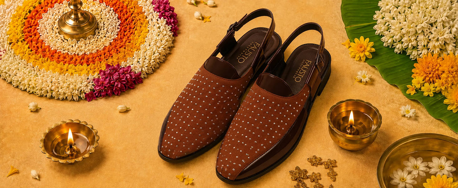 Men Brown Dual-Texture Cushioned Footbed Peshawari Shoe-Style Sandals|Glossy Patent Leather & Studded Suede Ethnic Mules for Wedding, Party & Festive Outfits