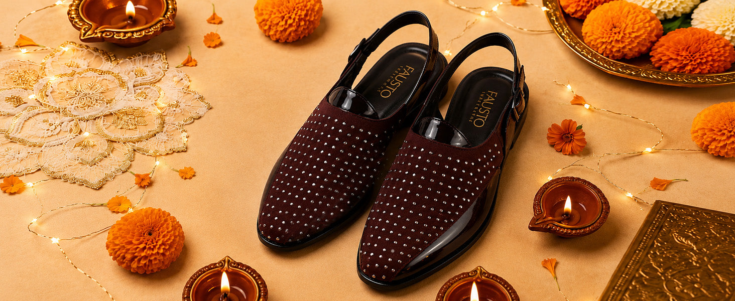 Men Brown Dual-Texture Cushioned Footbed Peshawari Shoe-Style Sandals|Glossy Patent Leather & Studded Suede Ethnic Mules for Wedding, Party & Festive Outfits