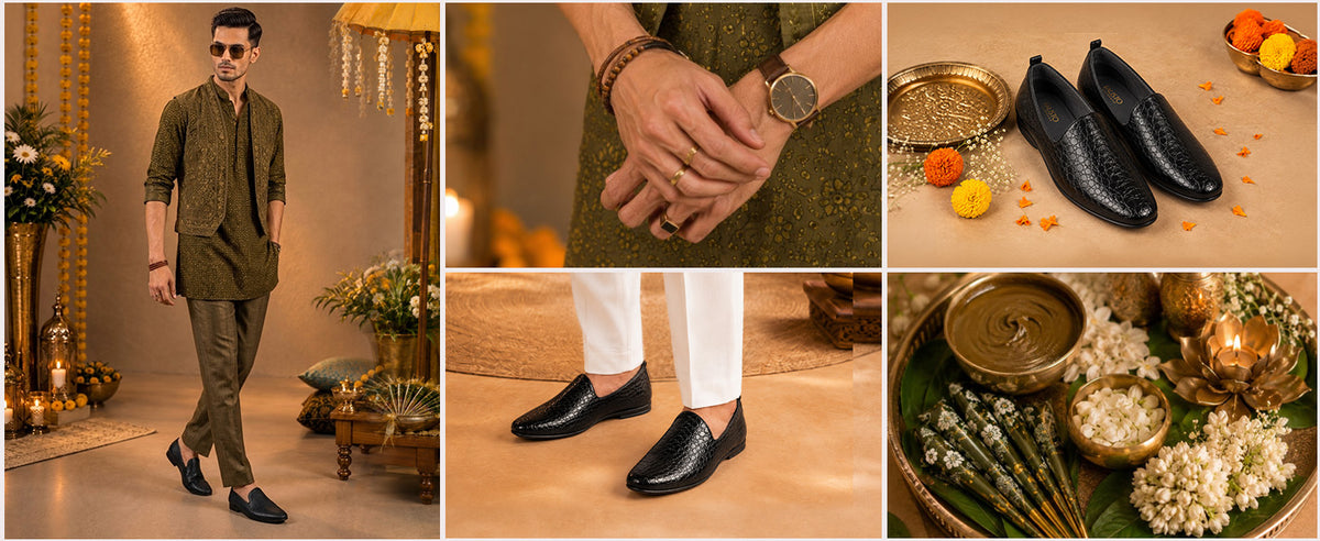 Men Black Patent Leather Textured Prom Slip On Ethnic Juttis | Lightweight Comfort Wedding Mojaris for Kurta Sets | Indo-Western Outfit Slip-Ons with Memory Cushioned Insole