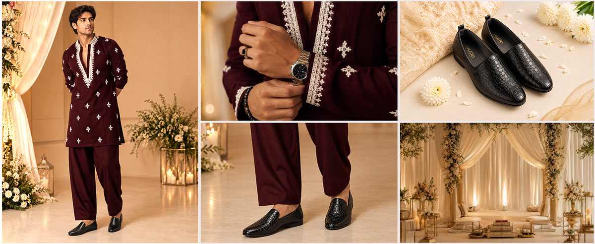 Men Black Patent Leather Textured Prom Slip On Ethnic Juttis | Lightweight Comfort Wedding Mojaris for Kurta Sets | Indo-Western Outfit Slip-Ons with Memory Cushioned Insole