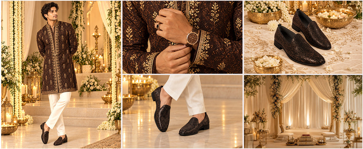 Men Black Lightweight Textured Prom Slip On Ethnic Wedding Juttis | Soft Inner Lining Festive Mojaris for Kurta | Traditional Outfit Slip-Ons with Memory Cushioned Insole