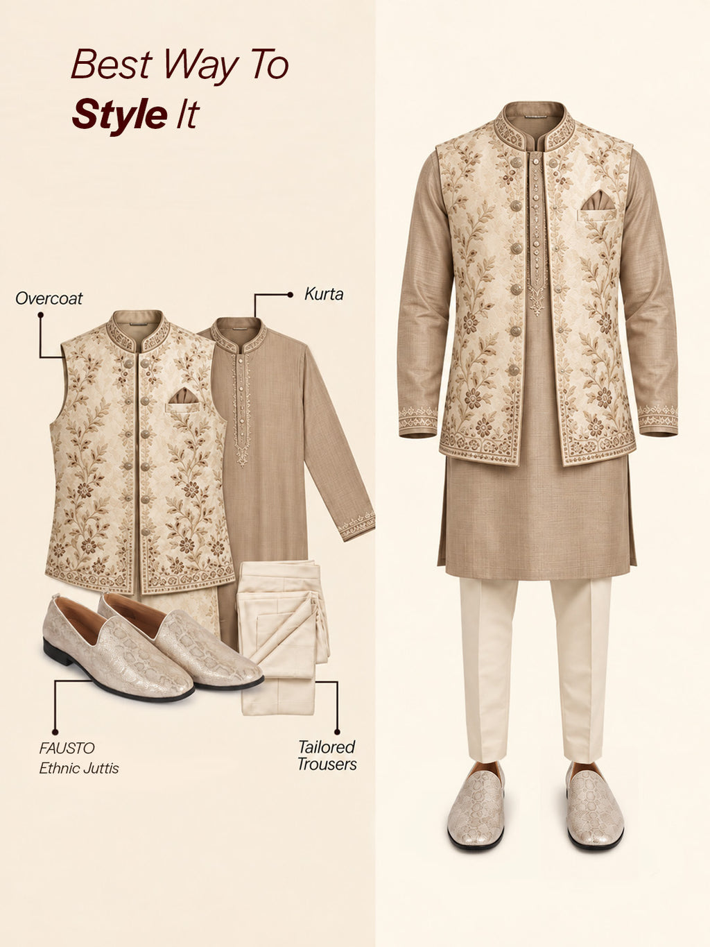 Men Beige Lightweight Textured Prom Slip On Ethnic Wedding Juttis | Soft Inner Lining Festive Mojaris for Kurta | Traditional Outfit Slip-Ons with Memory Cushioned Insole