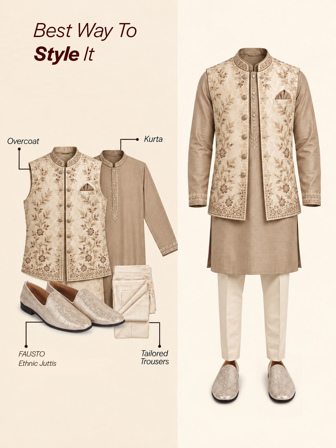 Men Beige Lightweight Textured Prom Slip On Ethnic Wedding Juttis | Soft Inner Lining Festive Mojaris for Kurta | Traditional Outfit Slip-Ons with Memory Cushioned Insole