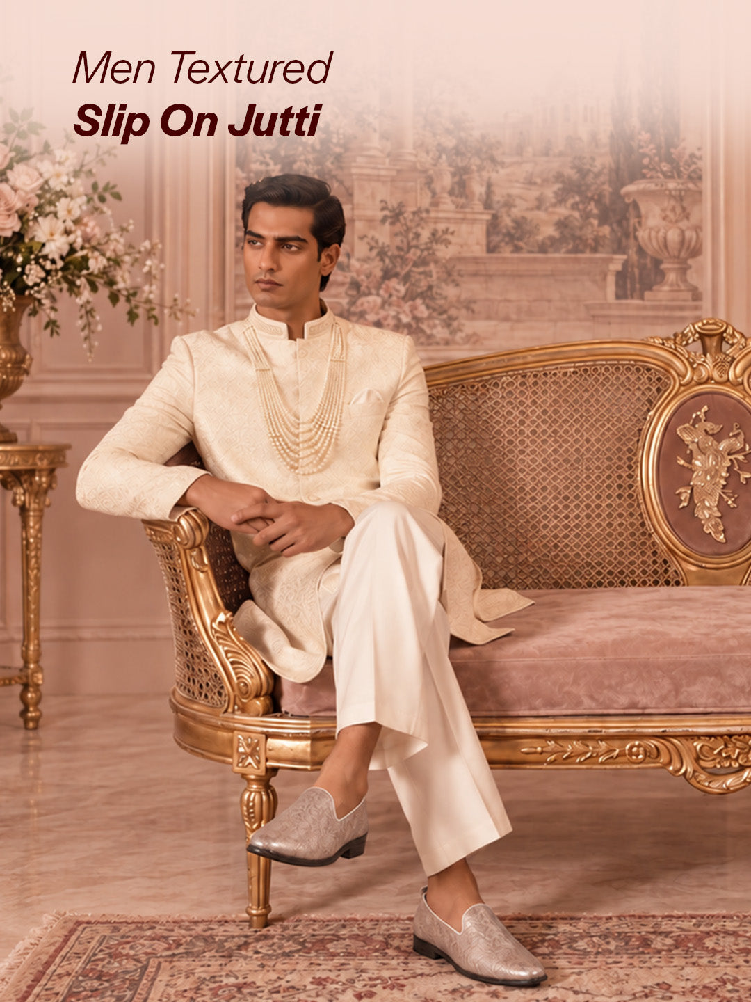 Men Tan Lightweight Textured Prom Slip On Ethnic Wedding Juttis | Soft Inner Lining Festive Mojaris for Kurta | Traditional Outfit Slip-Ons with Memory Cushioned Insole