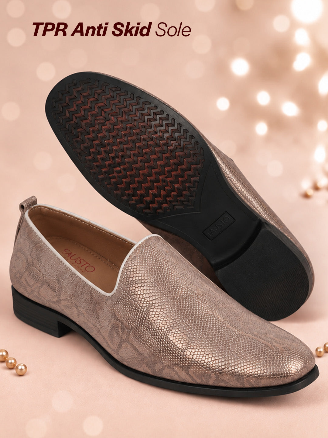 Men Tan Lightweight Textured Prom Slip On Ethnic Wedding Juttis | Soft Inner Lining Festive Mojaris for Kurta | Traditional Outfit Slip-Ons with Memory Cushioned Insole