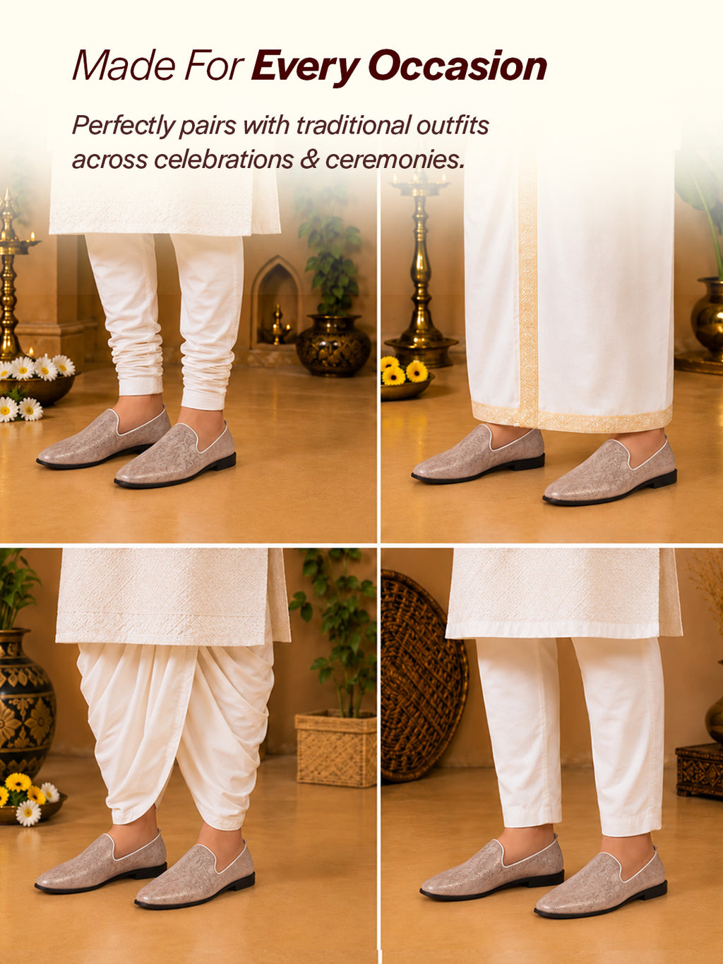 Men Tan Lightweight Textured Prom Slip On Ethnic Wedding Juttis | Soft Inner Lining Festive Mojaris for Kurta | Traditional Outfit Slip-Ons with Memory Cushioned Insole