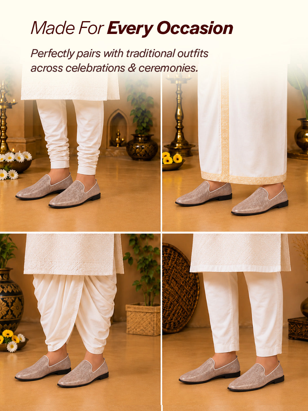 Men Tan Lightweight Textured Prom Slip On Ethnic Wedding Juttis | Soft Inner Lining Festive Mojaris for Kurta | Traditional Outfit Slip-Ons with Memory Cushioned Insole