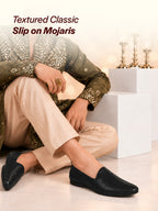 Men Black Textured Festive Wedding Classic Prom Slip On Mojaris | Soft Inner Lining Ethnic Juttis for Kurta | Traditional Outfit Slip-Ons with Memory Cushioned Insole