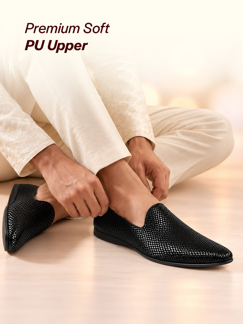 Men Black Textured Festive Wedding Classic Prom Slip On Mojaris | Soft Inner Lining Ethnic Juttis for Kurta | Traditional Outfit Slip-Ons with Memory Cushioned Insole