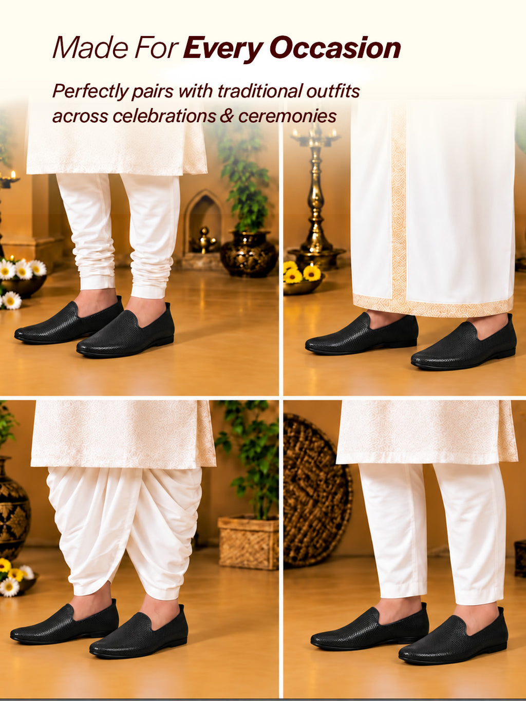 Men Black Textured Festive Wedding Classic Prom Slip On Mojaris | Soft Inner Lining Ethnic Juttis for Kurta | Traditional Outfit Slip-Ons with Memory Cushioned Insole