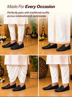 Men Black Textured Festive Wedding Classic Prom Slip On Mojaris | Soft Inner Lining Ethnic Juttis for Kurta | Traditional Outfit Slip-Ons with Memory Cushioned Insole