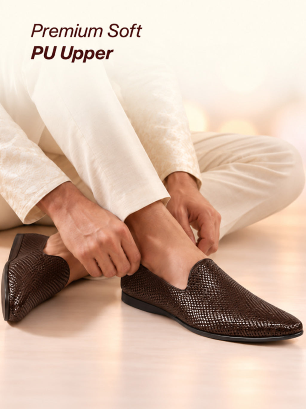 Men Brown Textured Festive Wedding Classic Prom Slip On Mojaris | Soft Inner Lining Ethnic Juttis for Kurta | Traditional Outfit Slip-Ons with Memory Cushioned Insole