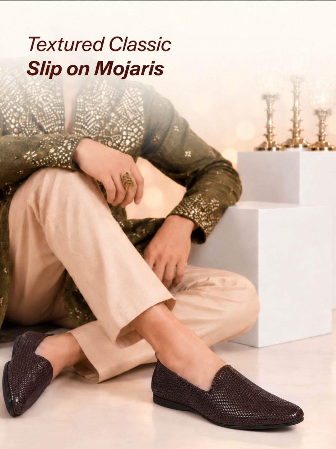 Men Brown Textured Festive Wedding Classic Prom Slip On Mojaris | Soft Inner Lining Ethnic Juttis for Kurta | Traditional Outfit Slip-Ons with Memory Cushioned Insole