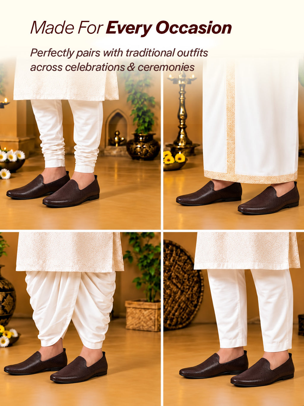 Men Brown Textured Festive Wedding Classic Prom Slip On Mojaris | Soft Inner Lining Ethnic Juttis for Kurta | Traditional Outfit Slip-Ons with Memory Cushioned Insole